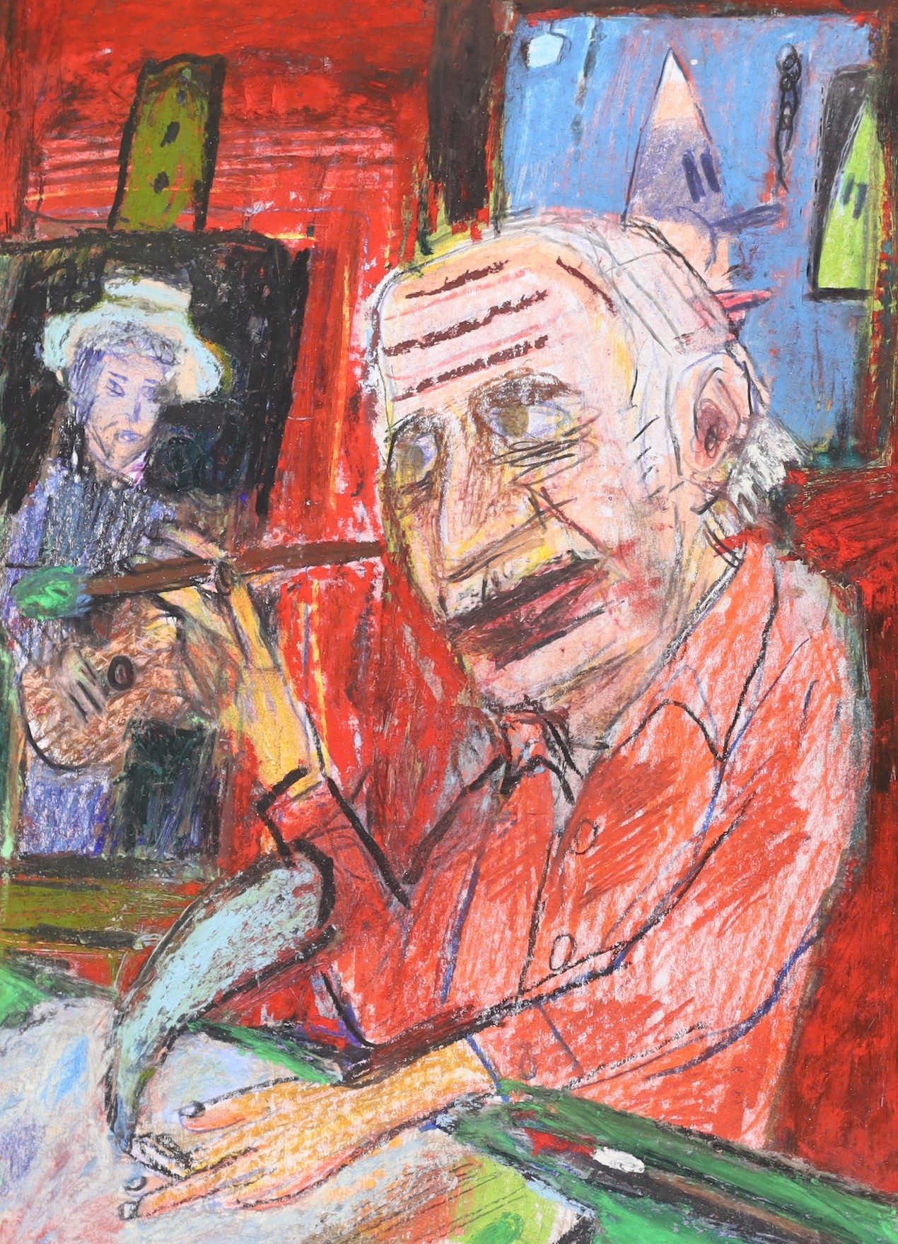 Matthew Collings (1955-), mixed media on card, 'Guston Paints Dylan ...', signed, inscribed and dated 2021 verso, 30 x 21cm, unframed
